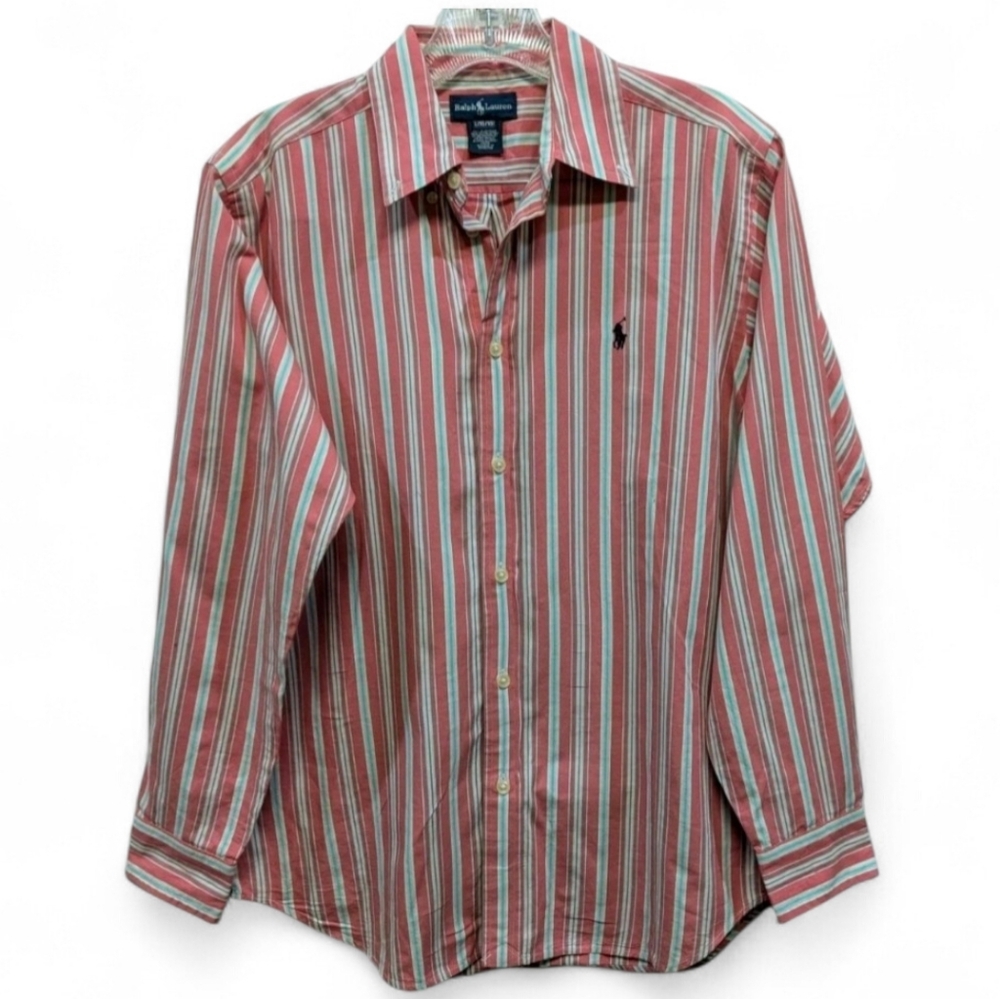 327 Ralph Lauren Pink and White Striped Button-Down Cotton Shirt